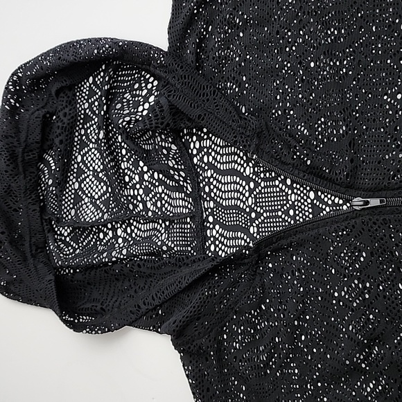 Beach Pool Cover-Up  Black Crochet Dress Hoodie Full Zip Up Short Sleeves Sz S/M - Picture 3 of 12